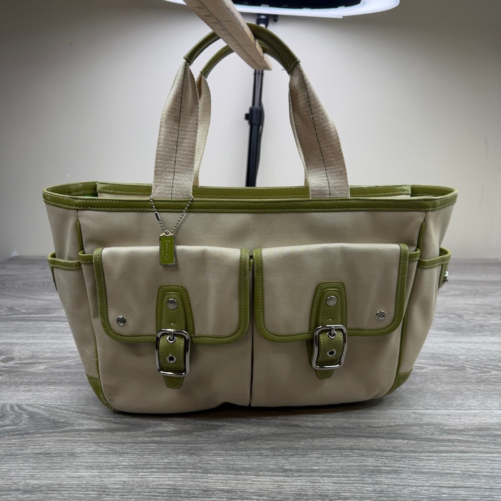 Coach 6734 Twill Garden Tote Bag Canvas Leather Beige Green Trim Y2K Vintage